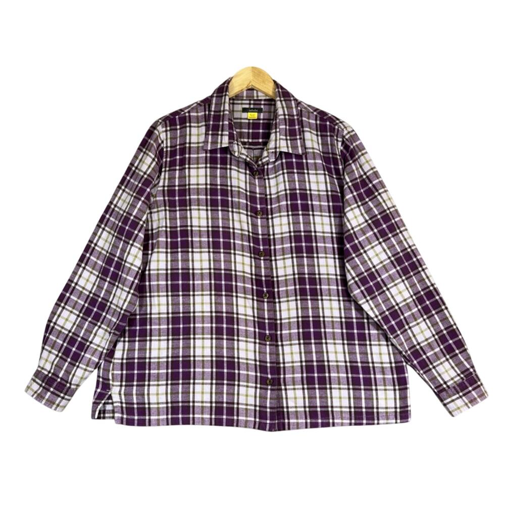 Cabela's Flannel Shirt Women's XL Purple Plaid Long Sleeve Button Up Cotton